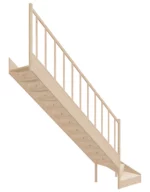 Schody drewniane zabiegowe lewe, z dolnym zabiegiem, zabudowane EQG 080RC marki Sowosz. Do samodzielnego montażu. W zestawie z balustradą.