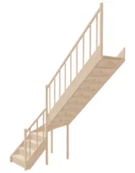 Schody drewniane zabiegowe prawe w kształcie L, zabudowane EQDL 080R marki Sowosz. Do samodzielnego montażu. W zestawie z balustradą.